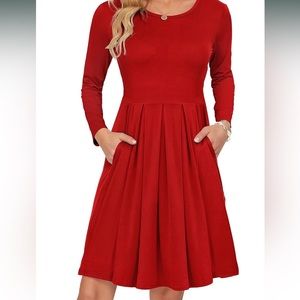 Women's Long Sleeve Pleated Loose Swing Casual Dress Pockets Knee Length